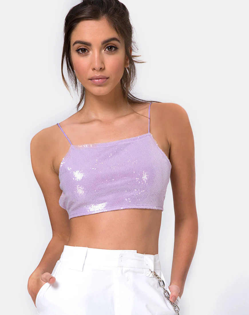 Sasha Crop Top in Matte Mini Sequin Lilac - Awmao