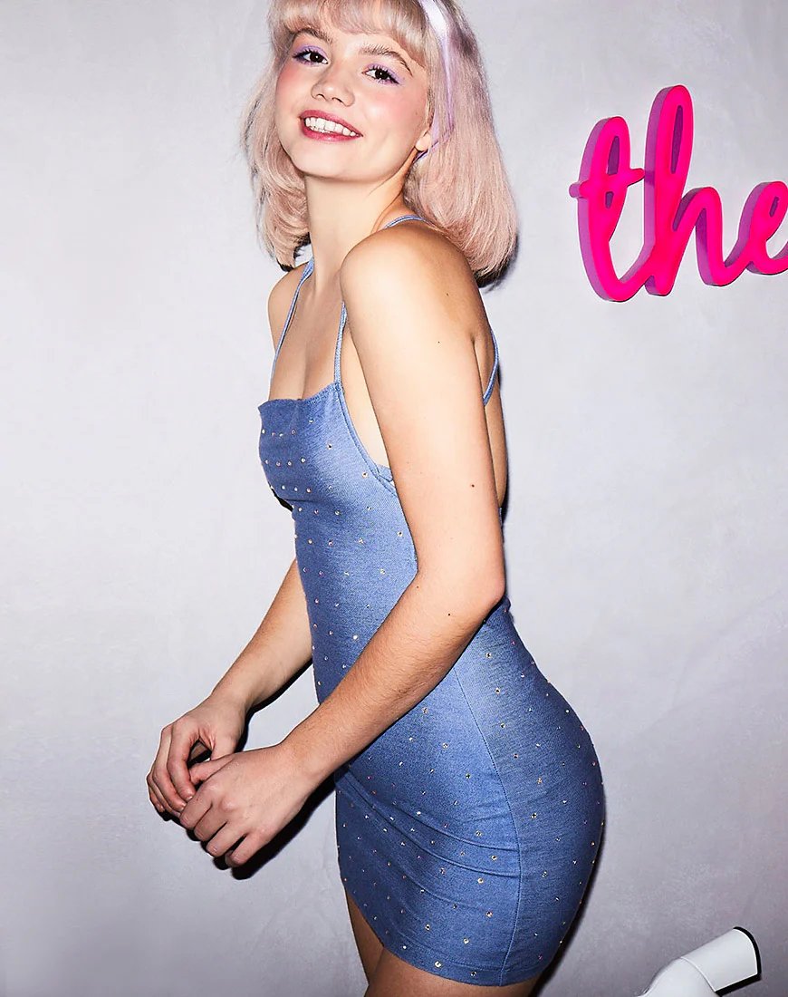 Kozue Dress in Blue Denim Hot Fix - Awmao