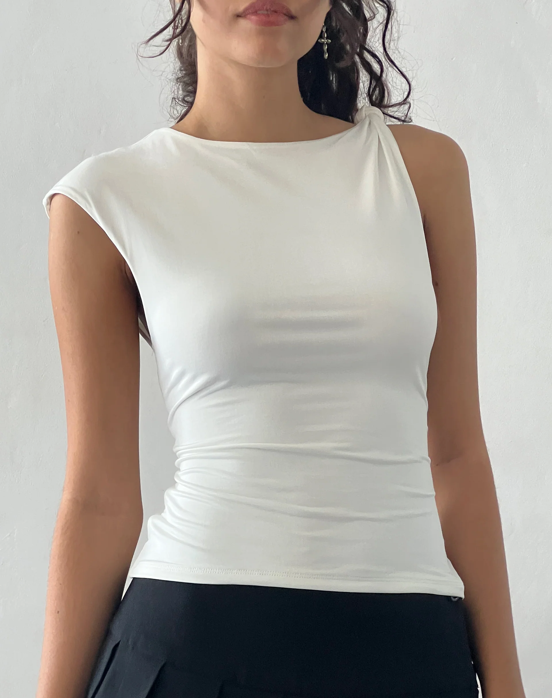 Cambrie Asymmetric Sleeveless Top in Ivory - Awmao