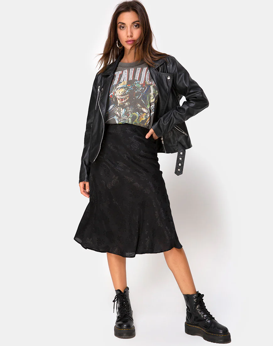Tauri Midi Skirt in Satin Rose Black - Awmao