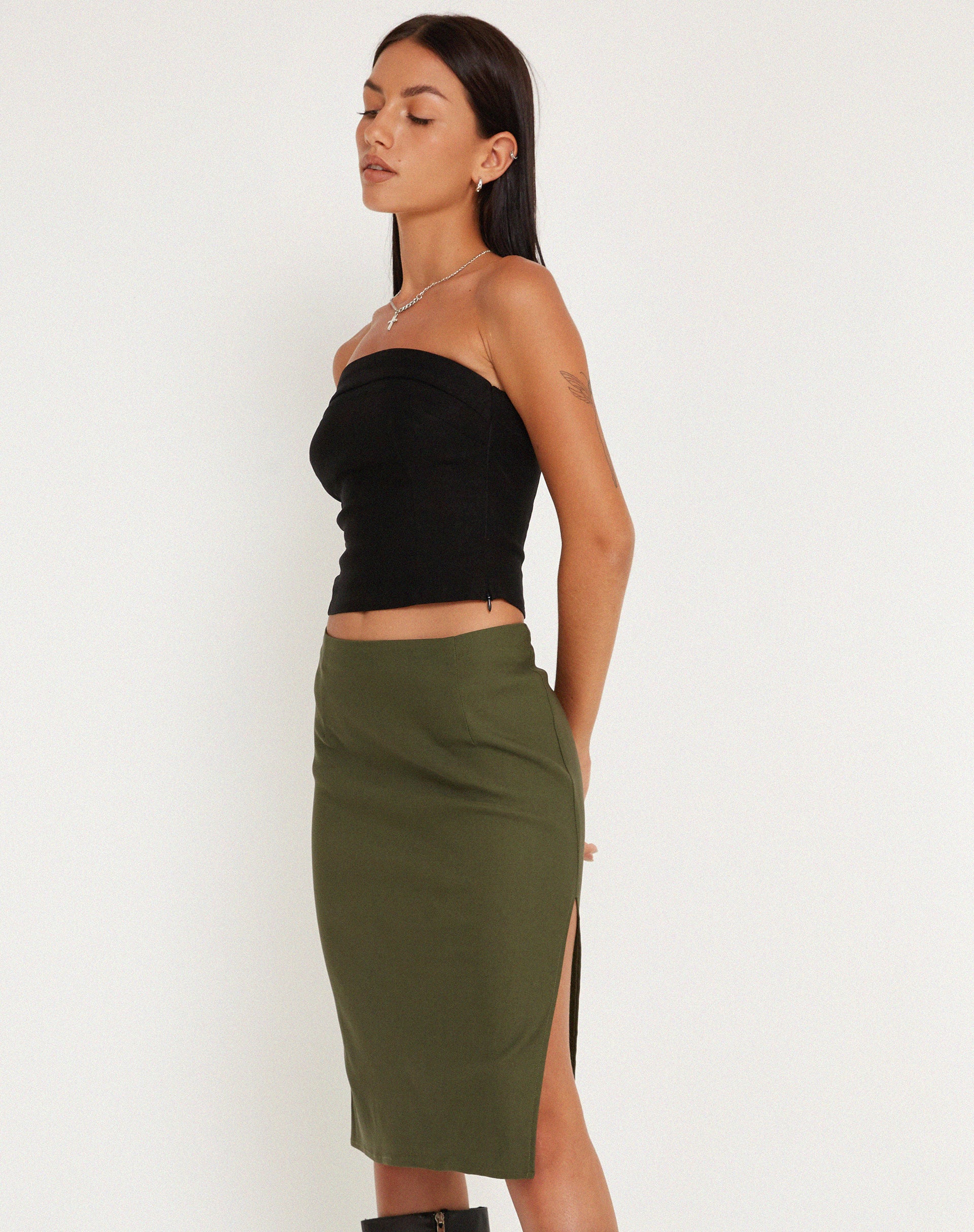 Sekoji Side Slit Midi Skirt in Khaki - Awmao