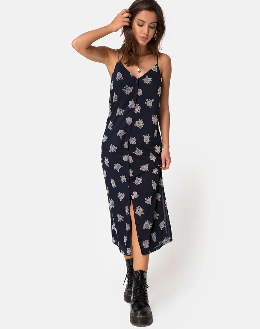 Sini Slip Midi Dress in Rose Flock Black Mesh - Awmao