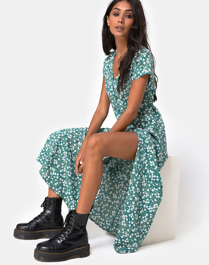 Sanrin Midi Dress in Floral Field Green - Awmao