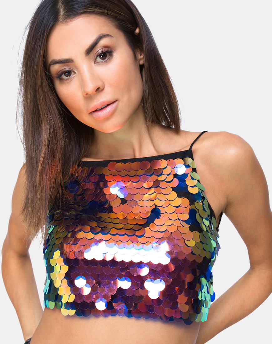 Ahena Crop Top in Dragon Fruit Sequin - Awmao