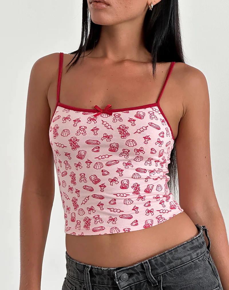 Isna Cami Top in Girlie Print with Red Binding - Awmao
