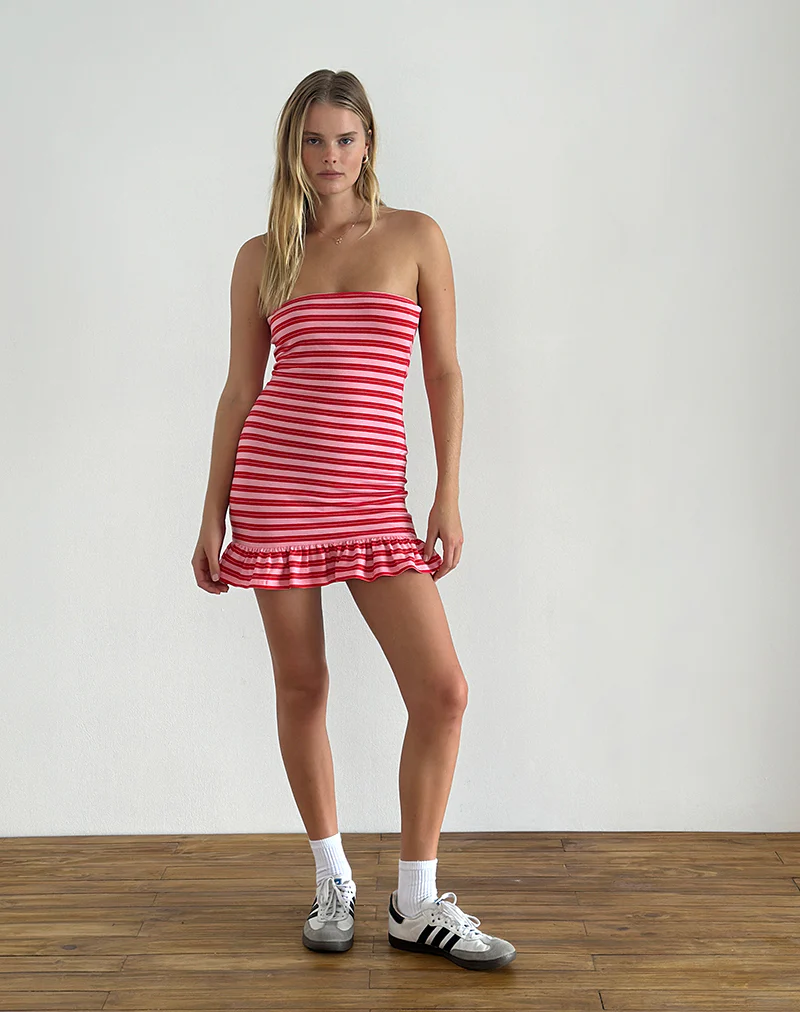 Tav Mini Jersey Dress in Stripe Pink and Red - Awmao