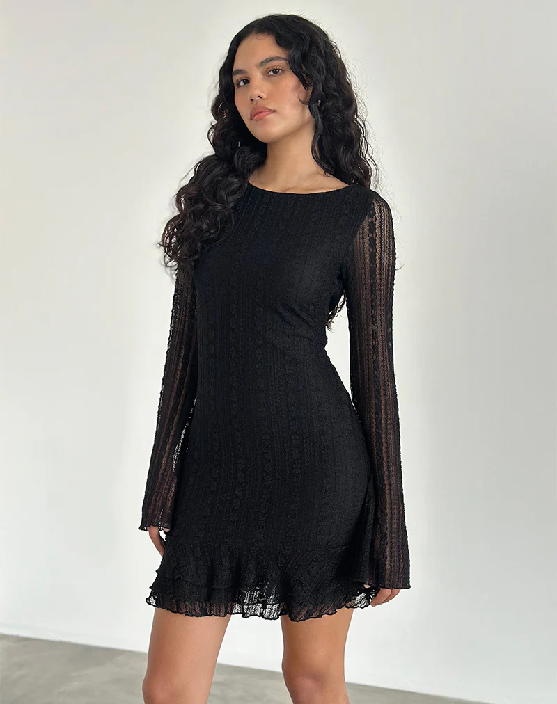Janawa Backless Mini Dress in Lace Black - Awmao