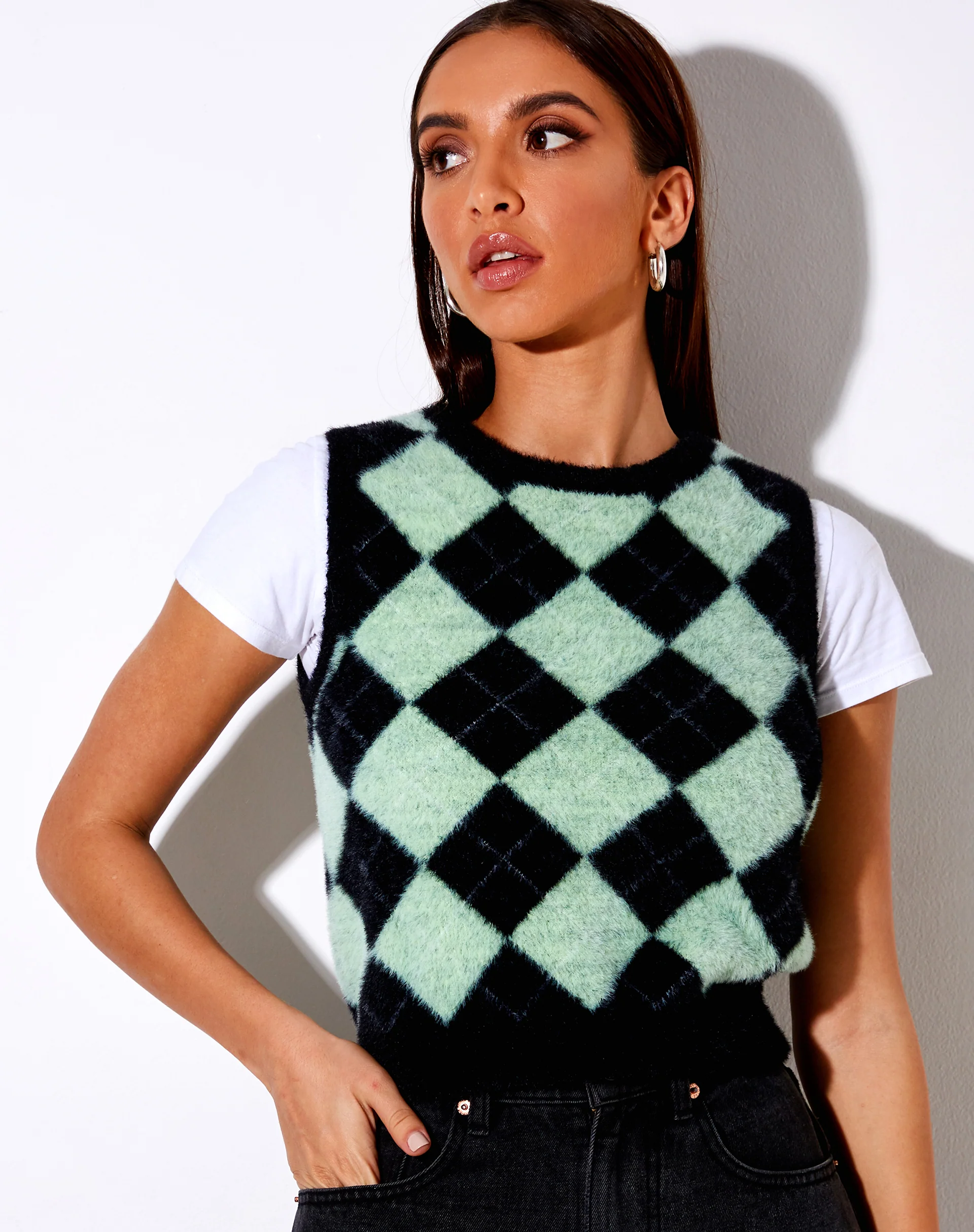 Saki Tank Top in Knit Diamond Black and Green - Awmao