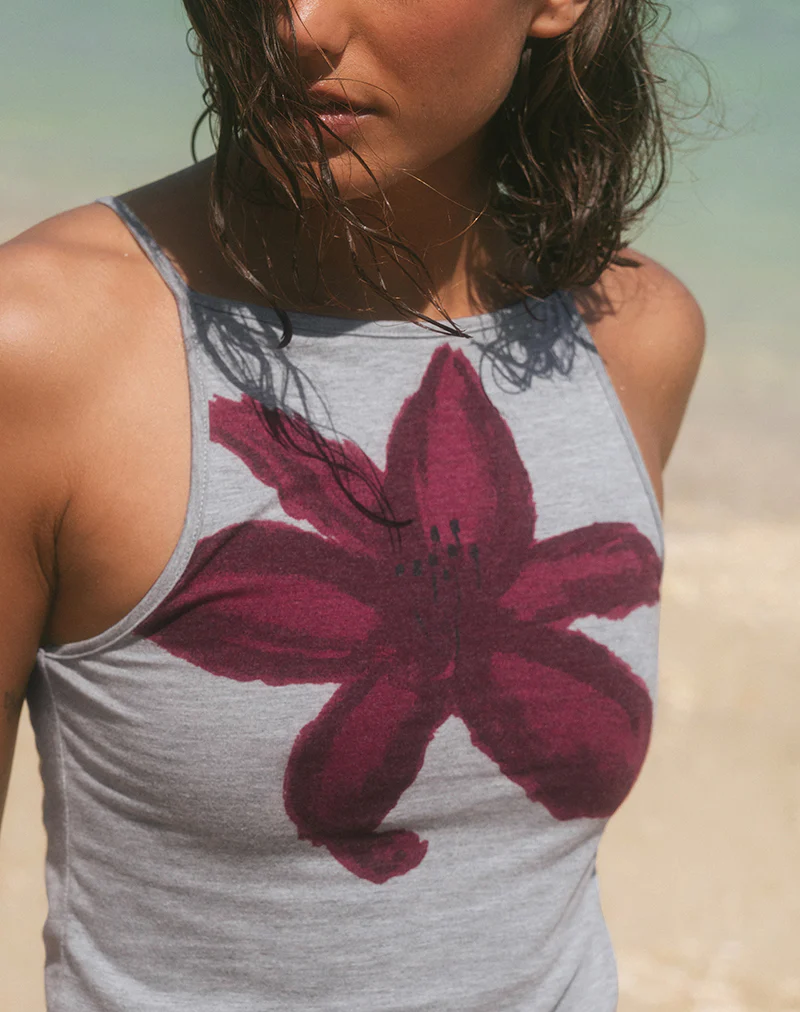 Dudley Vest Top in Grey Marl Painted Flower - Awmao