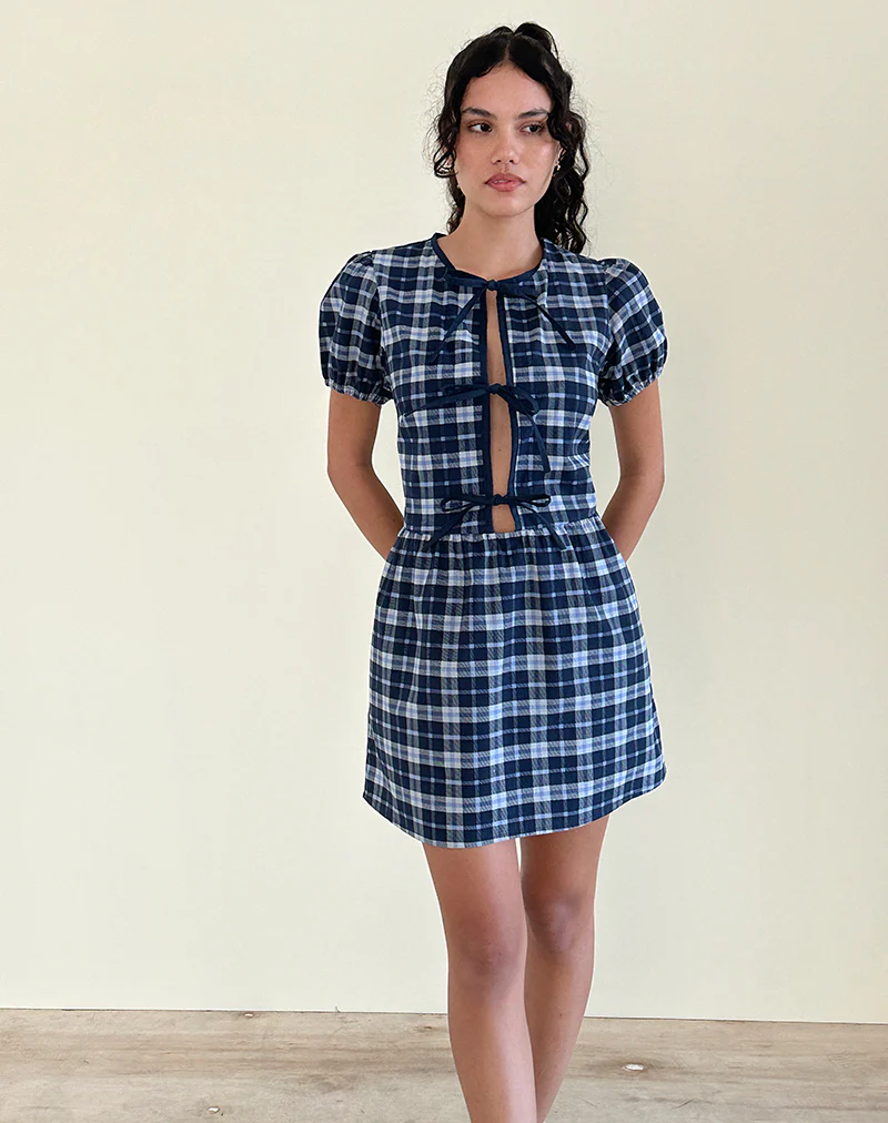 Byan Tie Front Dress in Tartan Dark Blue - Awmao