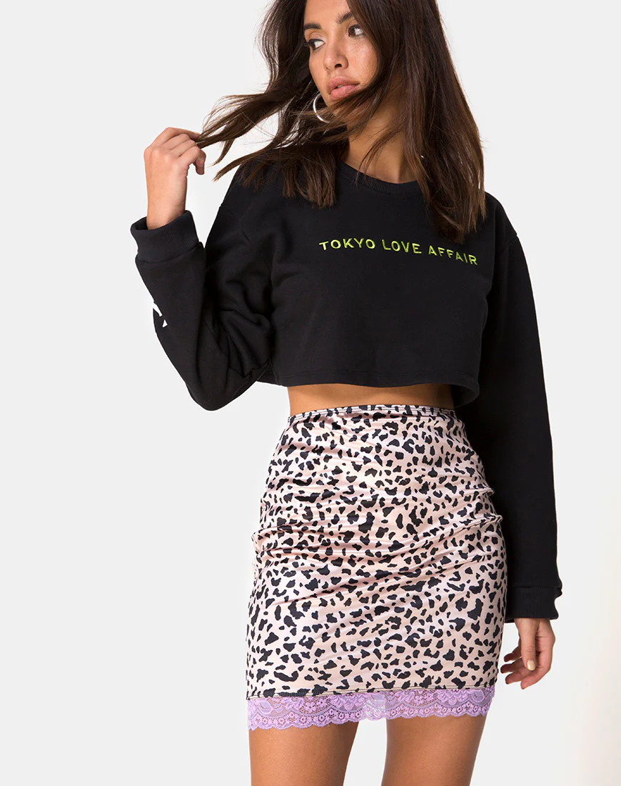 Cherry Skirt in Animal Satin with Lilac Lace - Awmao