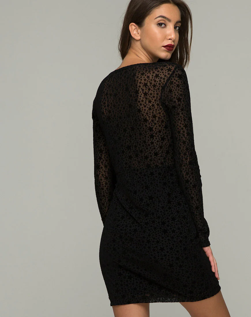 Meli Plunge Dress in Flock Star Lace Black - Awmao