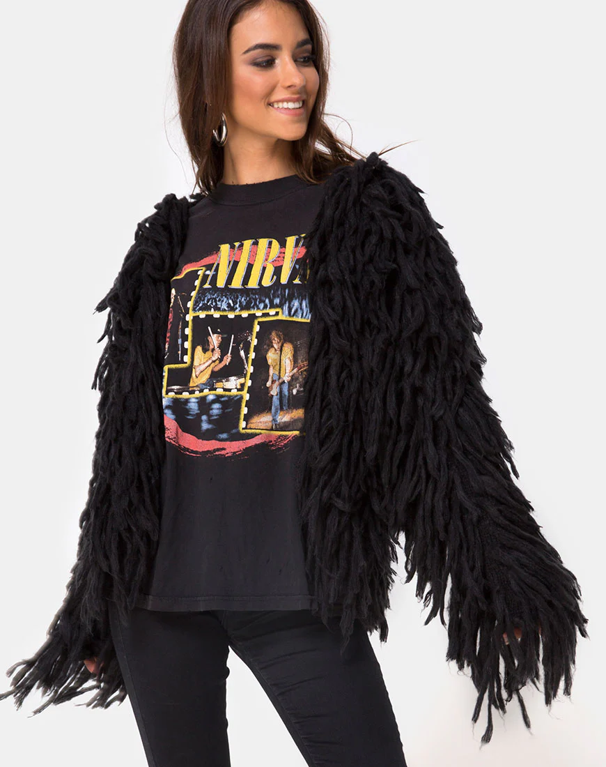 Shaggy Knit Cardi in Moheir Black - Awmao