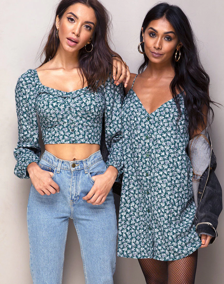 Alor Crop Top in Floral Bloom Green - Awmao