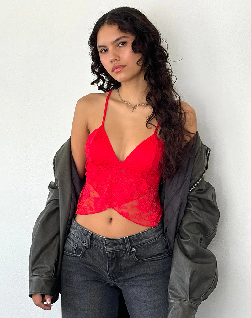 Cojira Lace Butterfly Top in Big Rose Red - Awmao