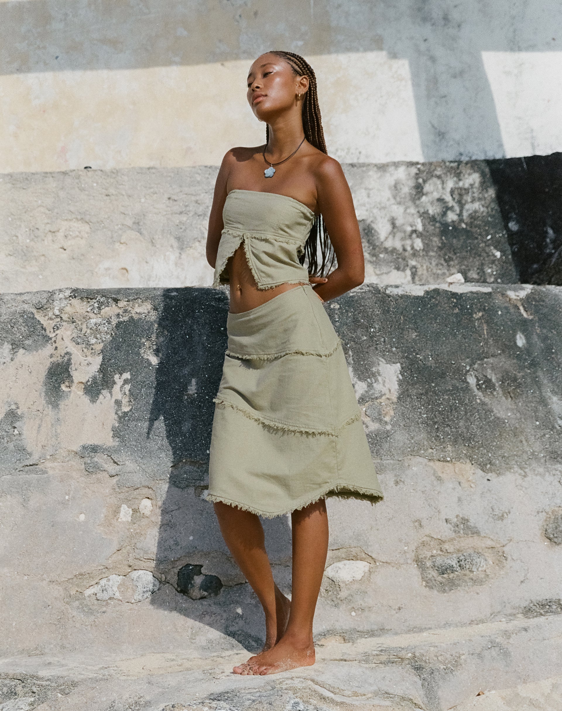 Ralna Asymmetric Midi Skirt in Linen Slate Green - Awmao