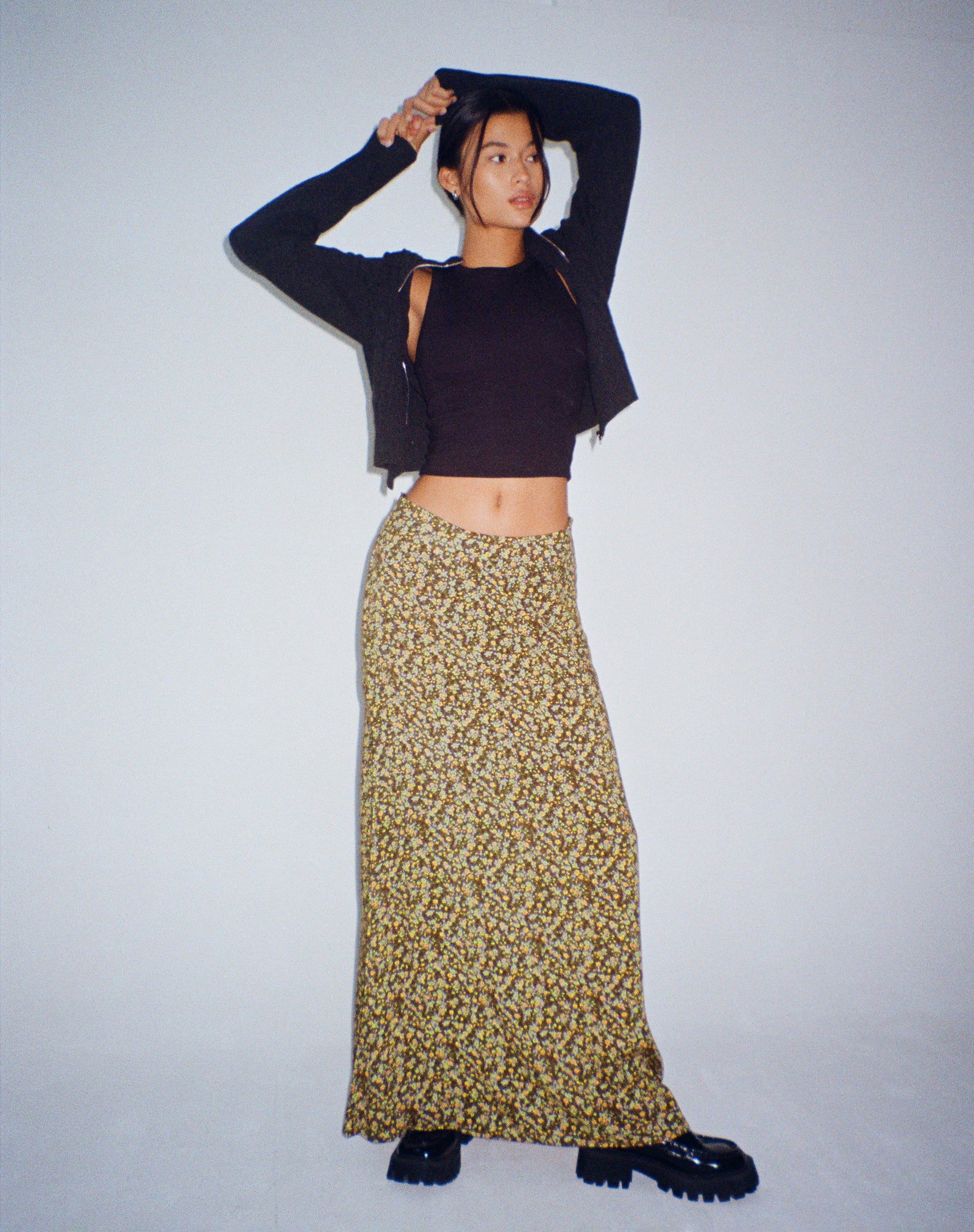 Sayan Maxi Skirt in Grungey Floral Khaki - Awmao