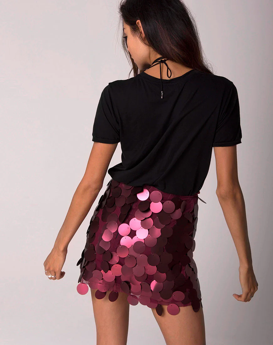 Weaver High Waisted Skirt in Rose Big Disc Sequin - Awmao