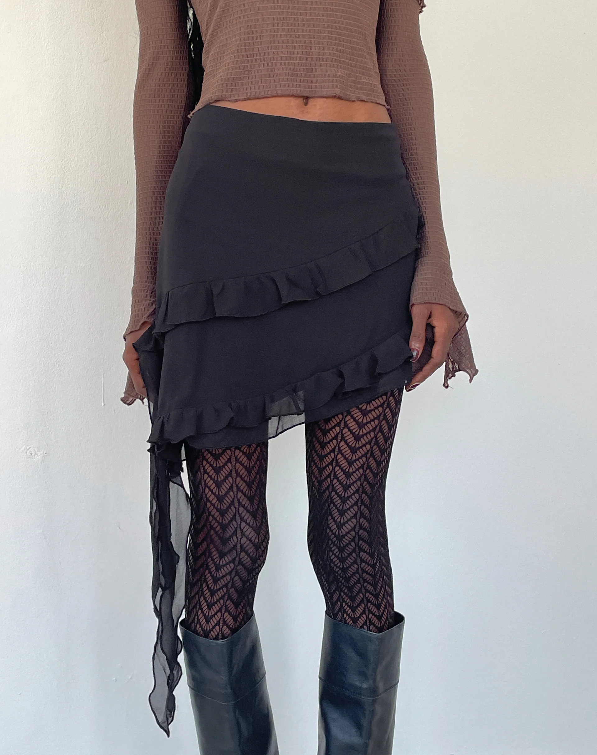 Malinna Ruffle Mini Skirt in Black Chiffon - Awmao