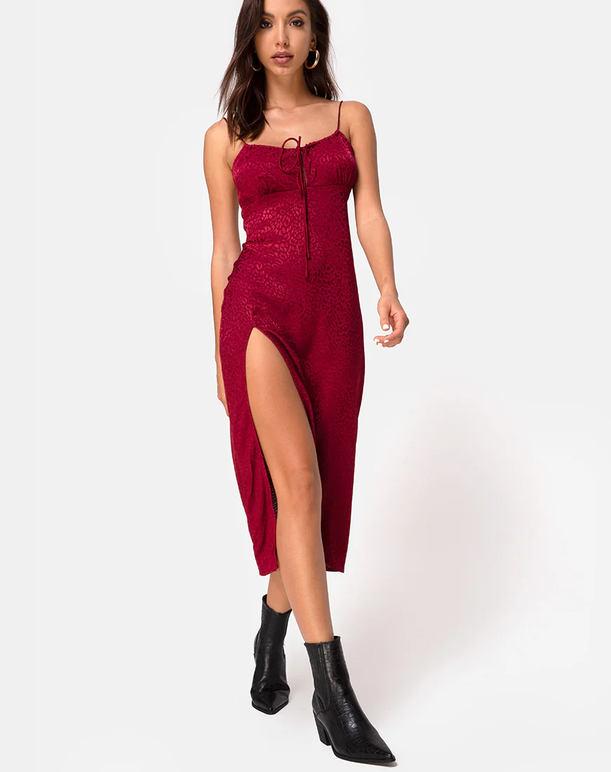 Cypress Midi Dress in Satin Cheetah Raspberry - Awmao