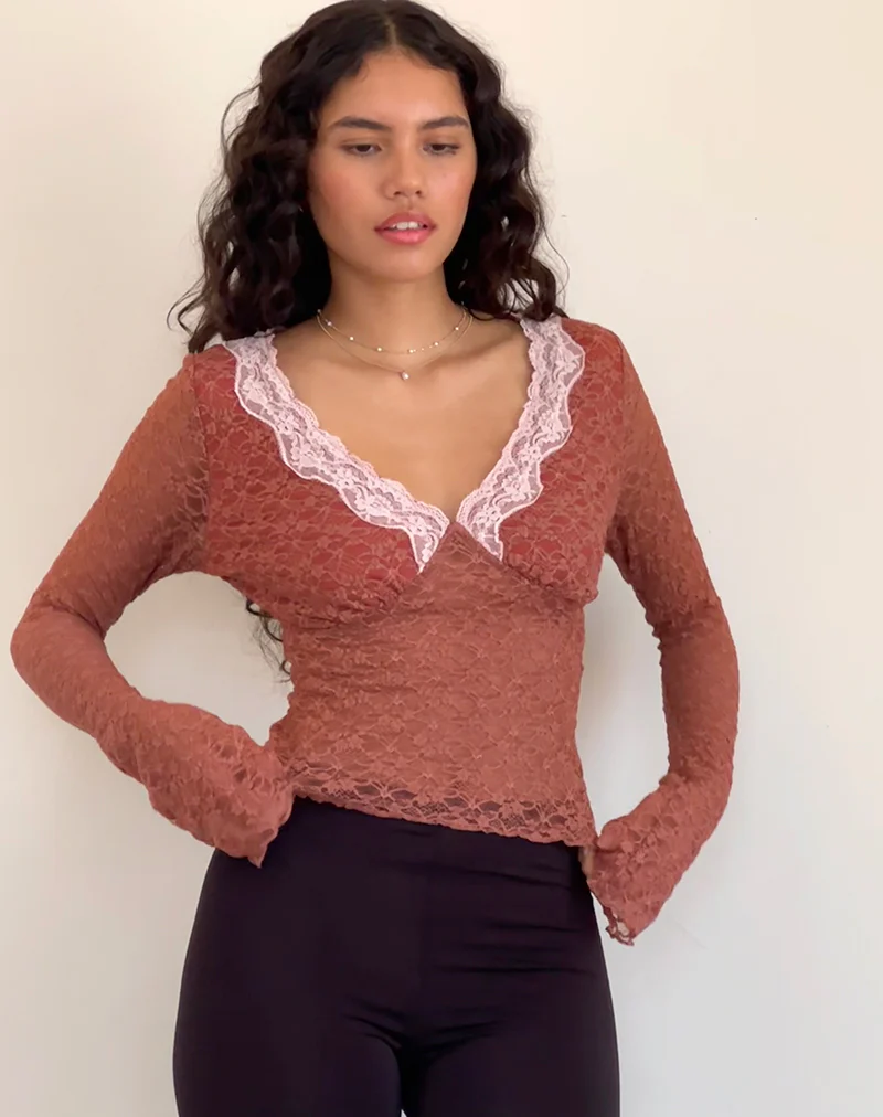 Chantal Long Sleeve Lace Top in Withered Rose - Awmao