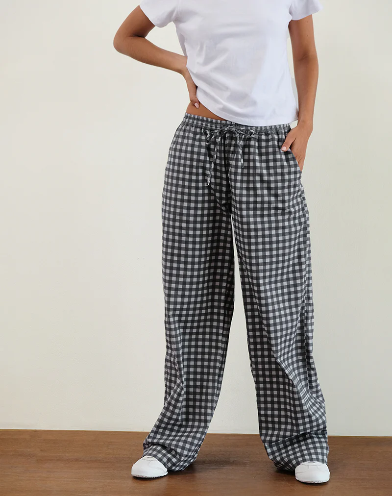 Wasic Wide Leg Linen Trouser in Tonal Black and Grey Gingham - Awmao