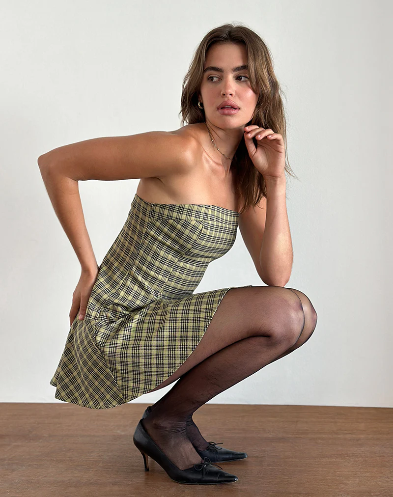 Hadia Bandeau Mini Dress in Check Yellow - Awmao