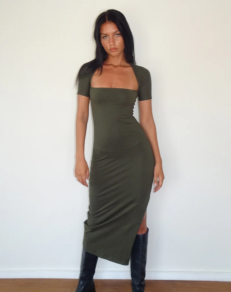 Quala Midi Dress in Olive - Awmao