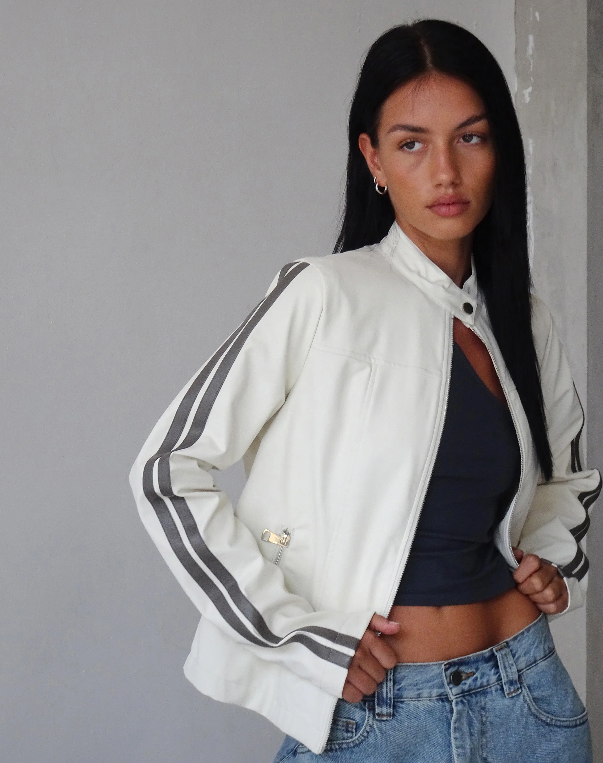 Jacquie Zip Up Jacket in PU Cream with Brown Stripe - Awmao