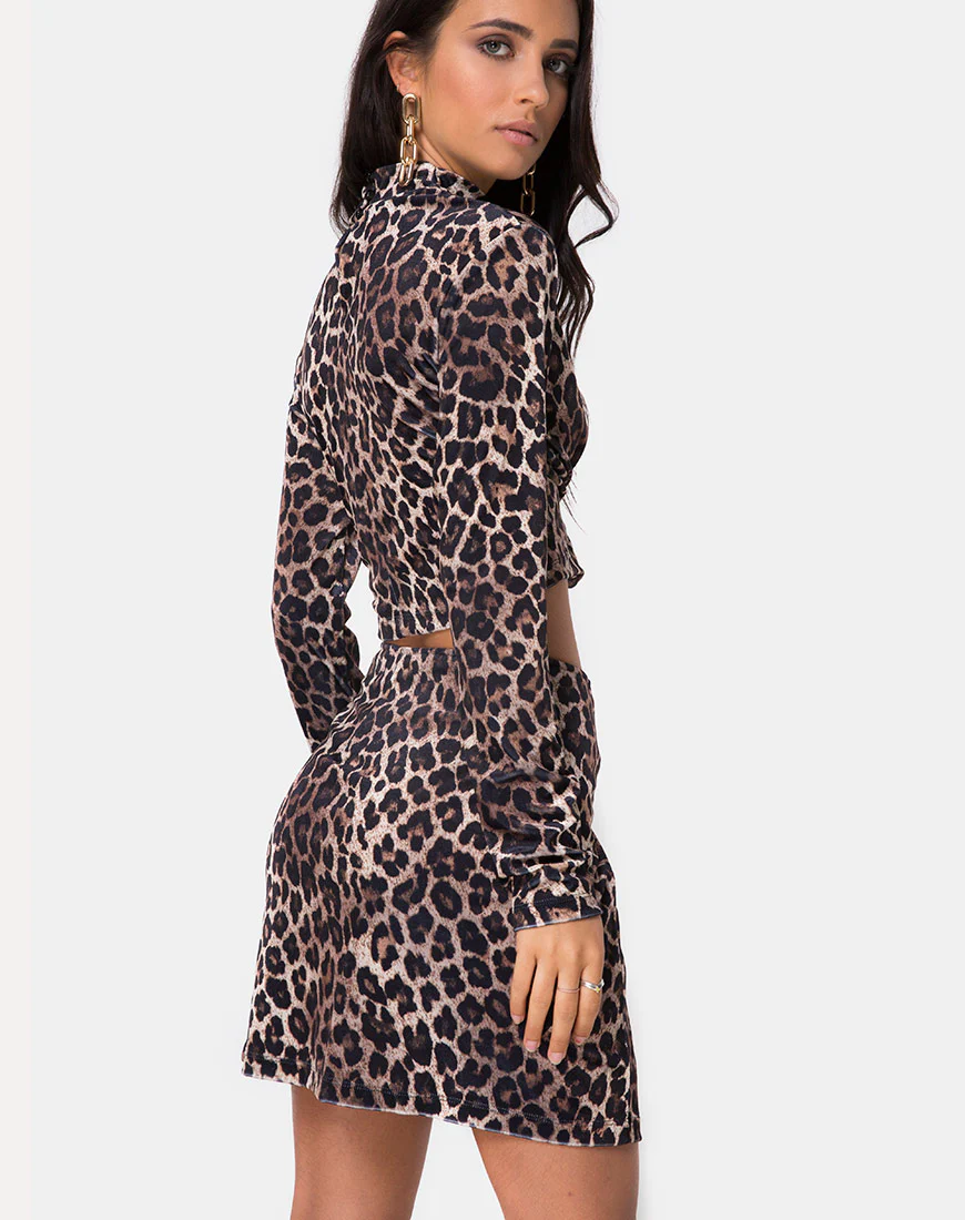Dina Mini Skirt in Velvet Brown Leopard - Awmao