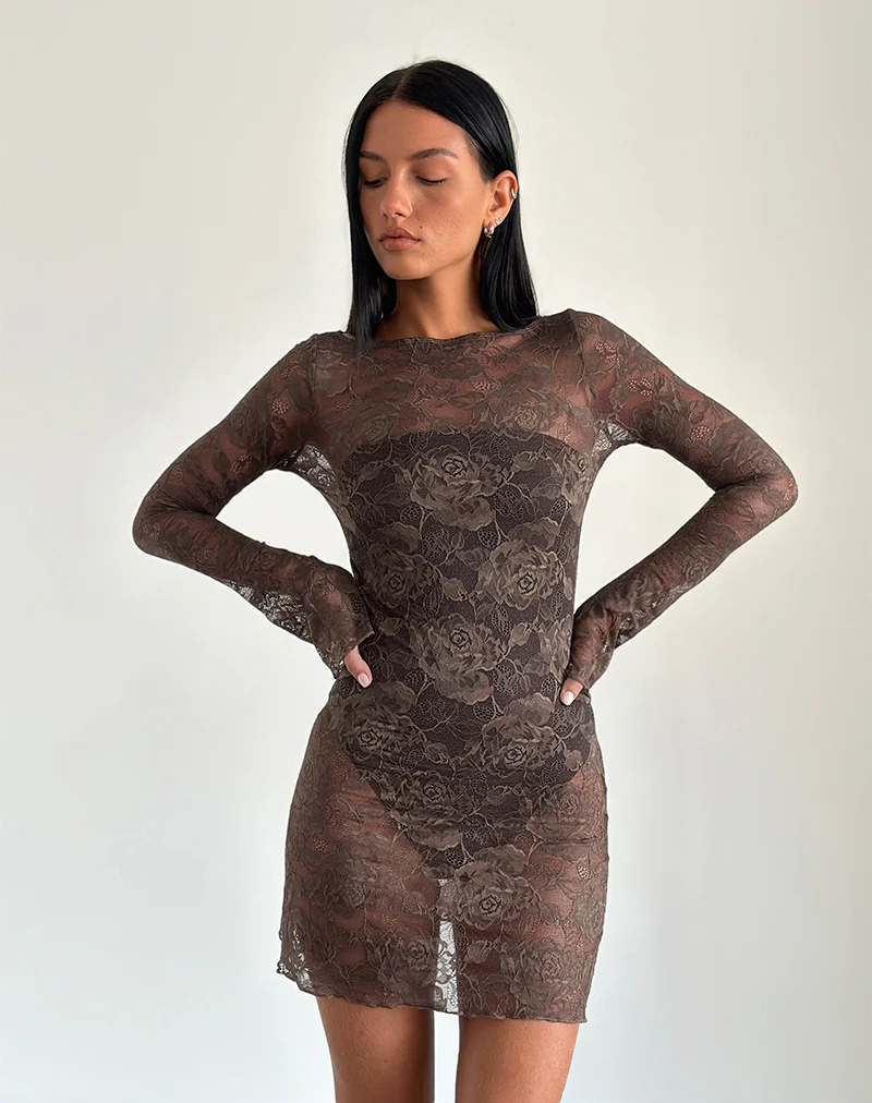 Sevila Long Sleeve Mini Dress in Dark Brown - Awmao