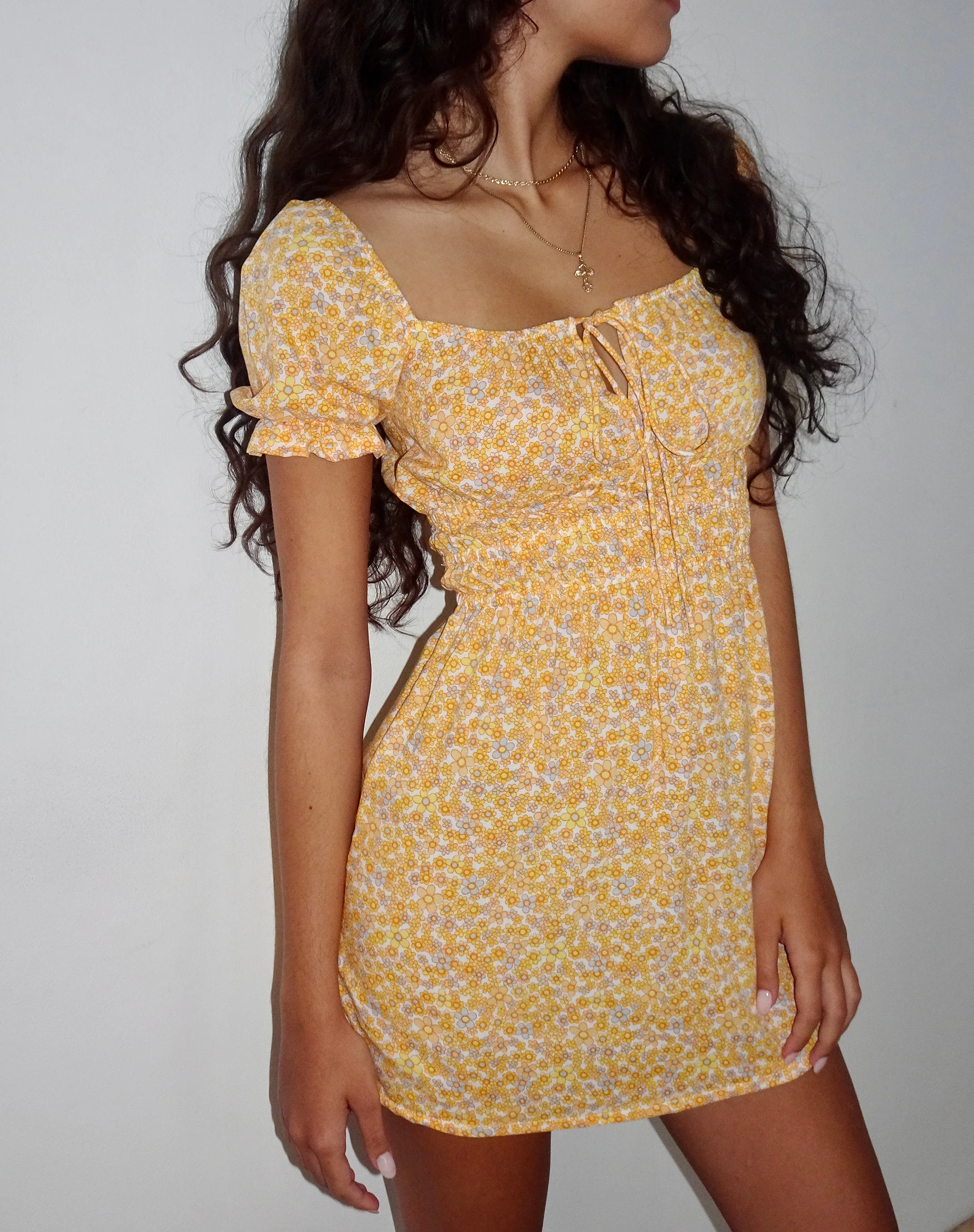 Rosmilly Mini Dress in Flower Garden Yellow - Awmao