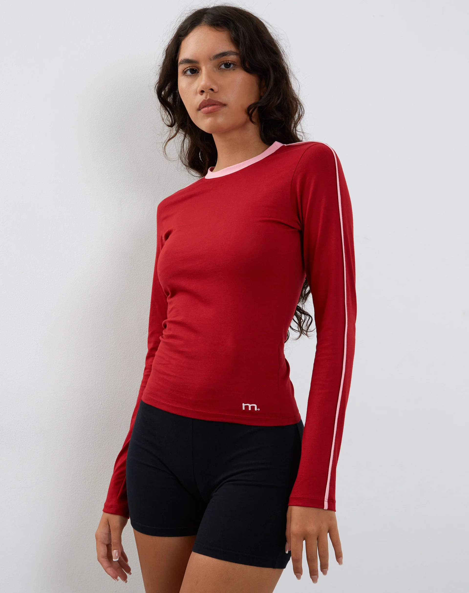 Bonija Long Sleeve Top in Red with Pink Binding - Awmao