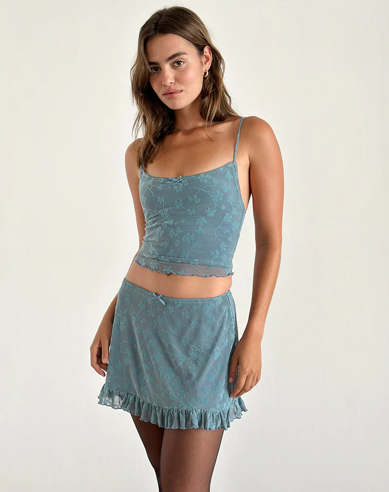 Deri Cami Top in Grunge Floral Blue Grey - Awmao
