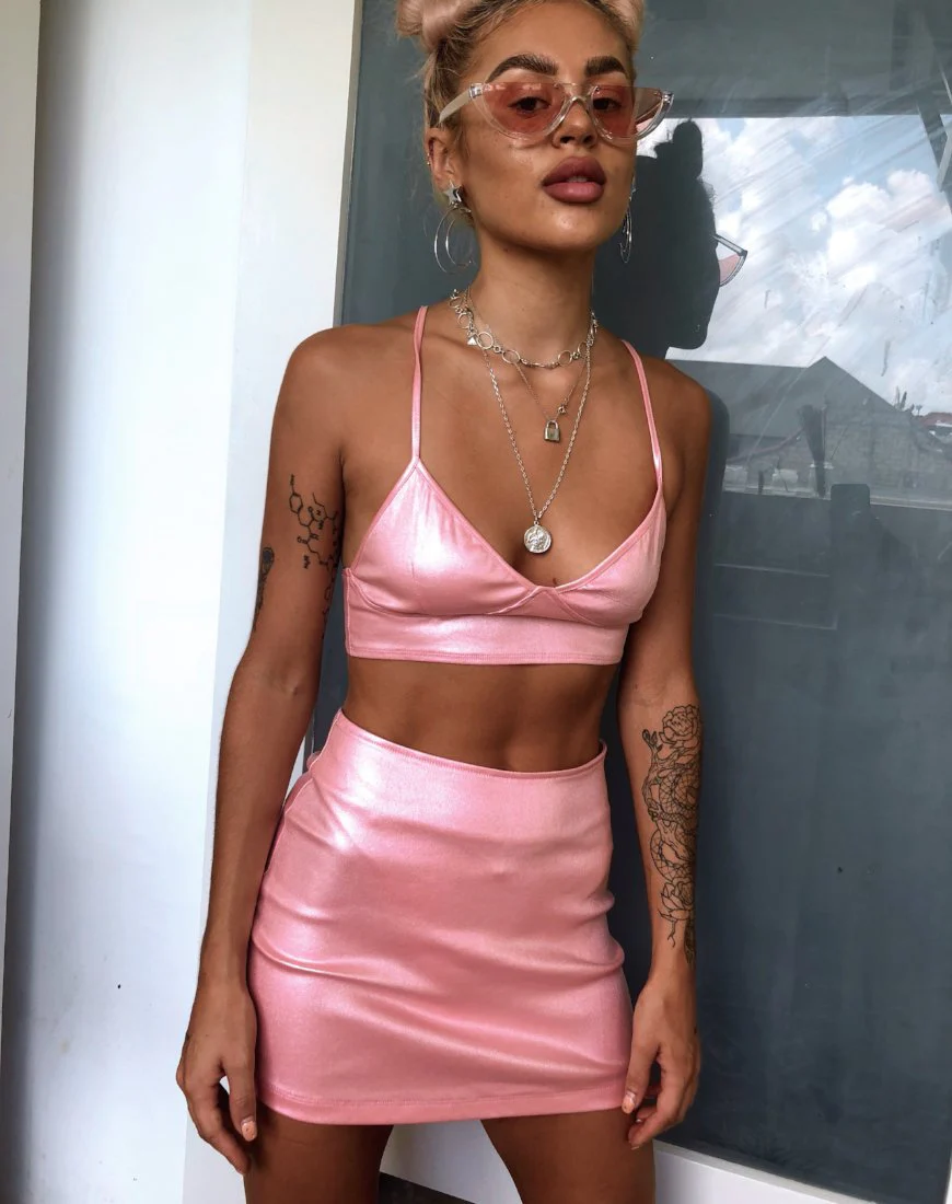 Ewi Mini Skirt in Metallic Shimmer Baby Pink - Awmao
