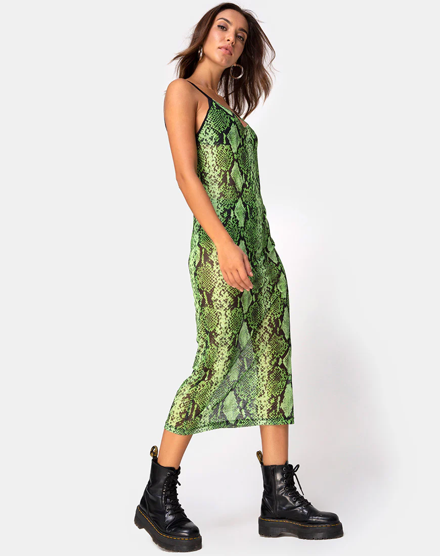 Midnight Midi Dress in Slime Lime Snake Mesh - Awmao