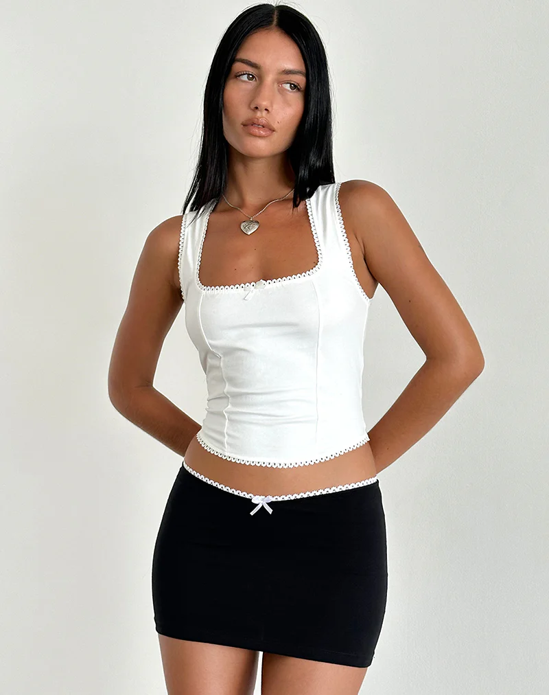 Vadia Mini Skirt in Black with White Picot Trim and Bow - Awmao