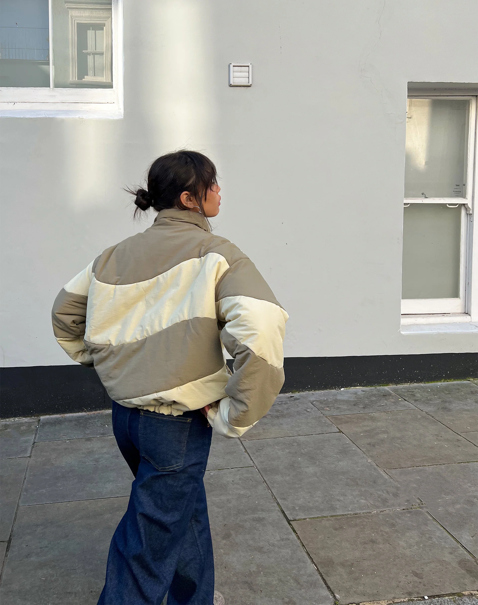 Renee Puffa Jacket in Panelled Cream and Taupe - Awmao