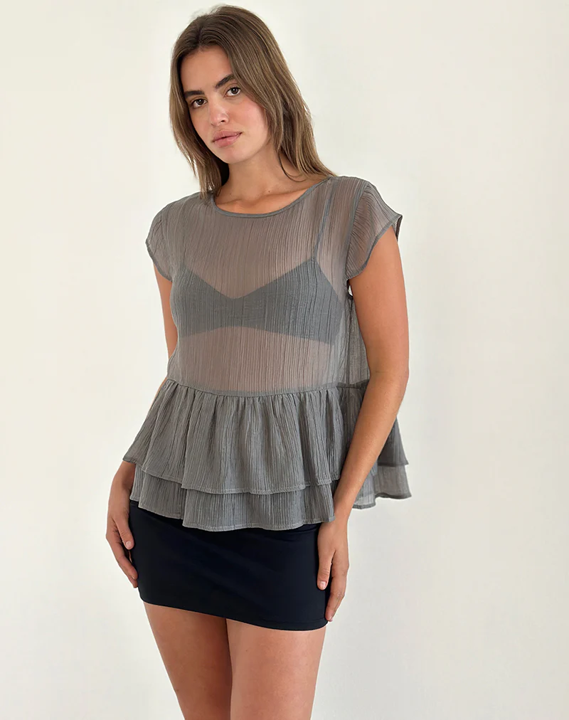 Mayumi Peplum Top in Chiffon Grey - Awmao