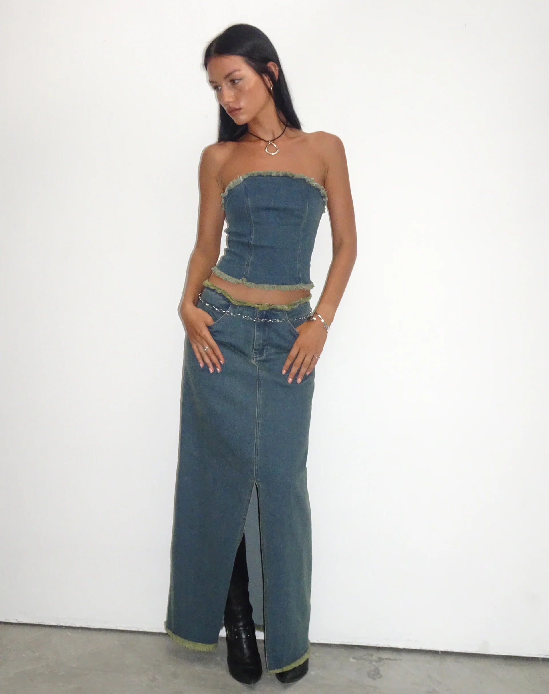 Omas Denim Bandeau Top in Brown Blue Acid Wash - Awmao