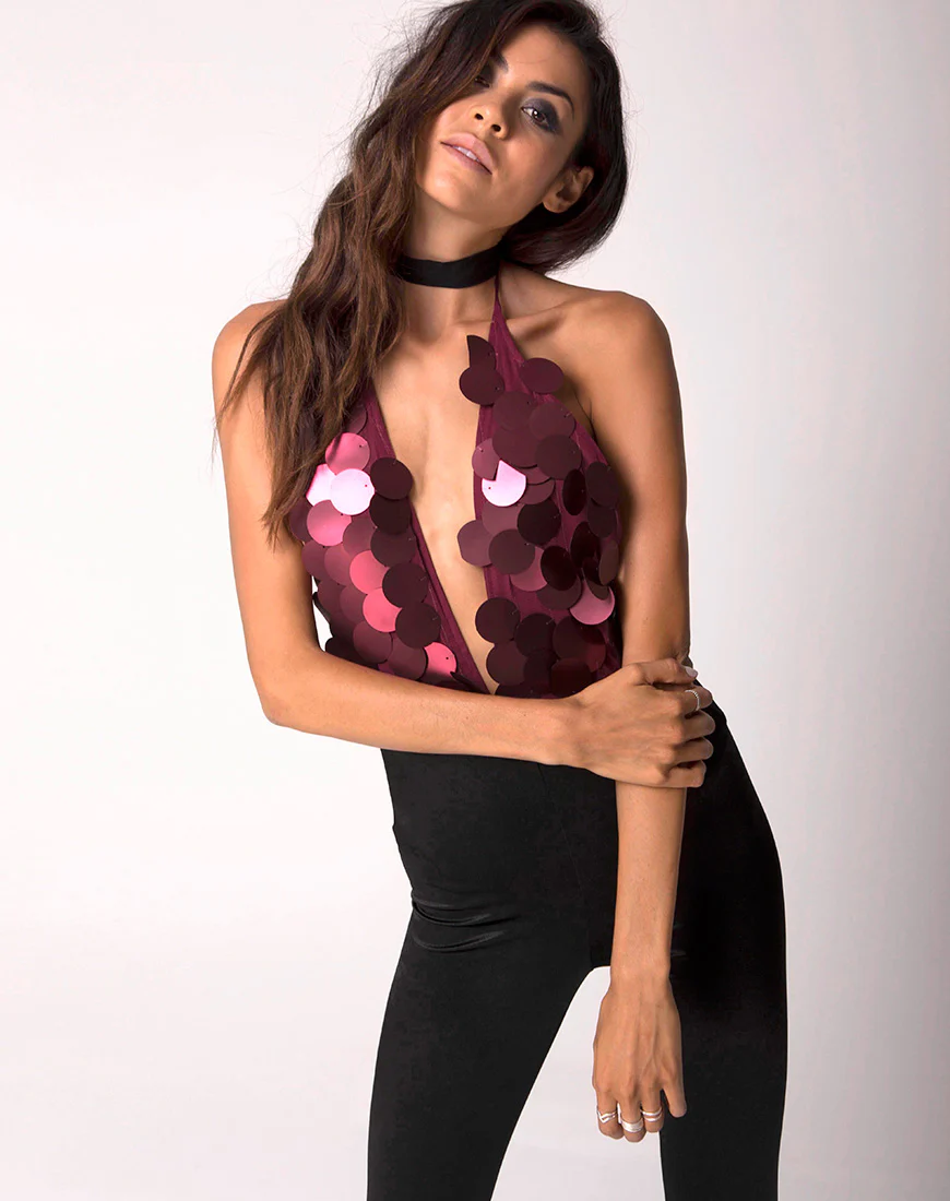 Ariel Plunge Bodice in Rose Big Disc Sequin - Awmao