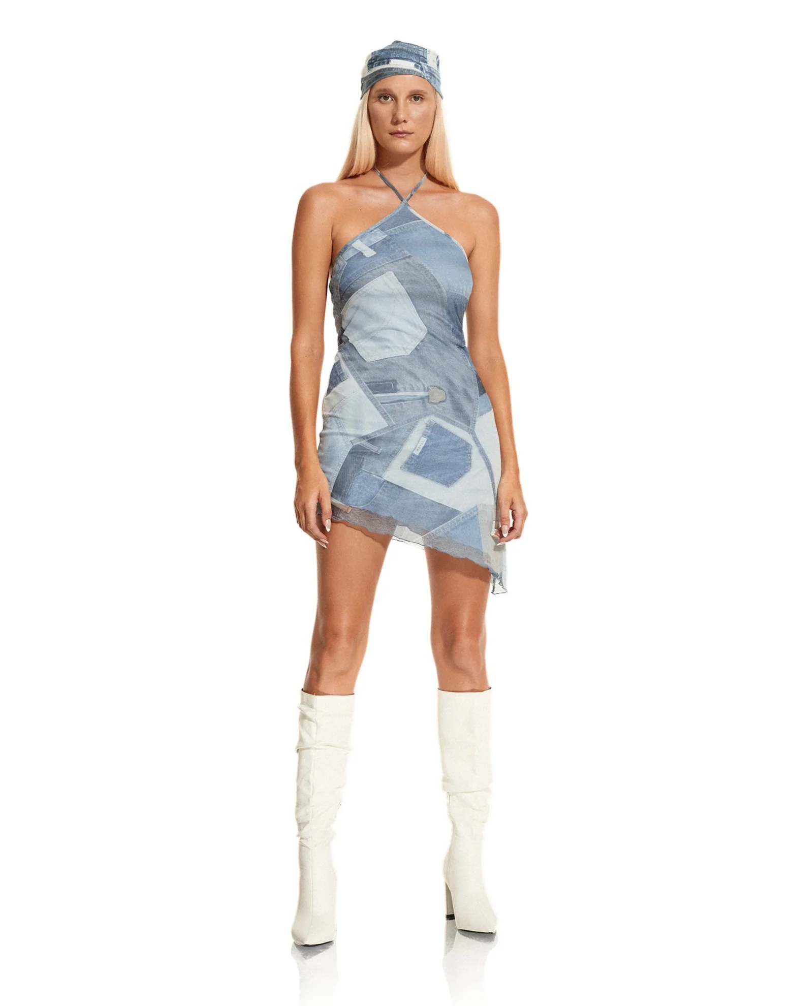 Adelia Mini Dress in Denim Pocket - Awmao