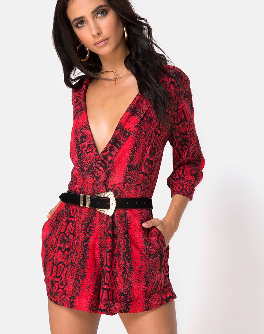 Nanic Plunge Playsuit in Snake Red - Awmao