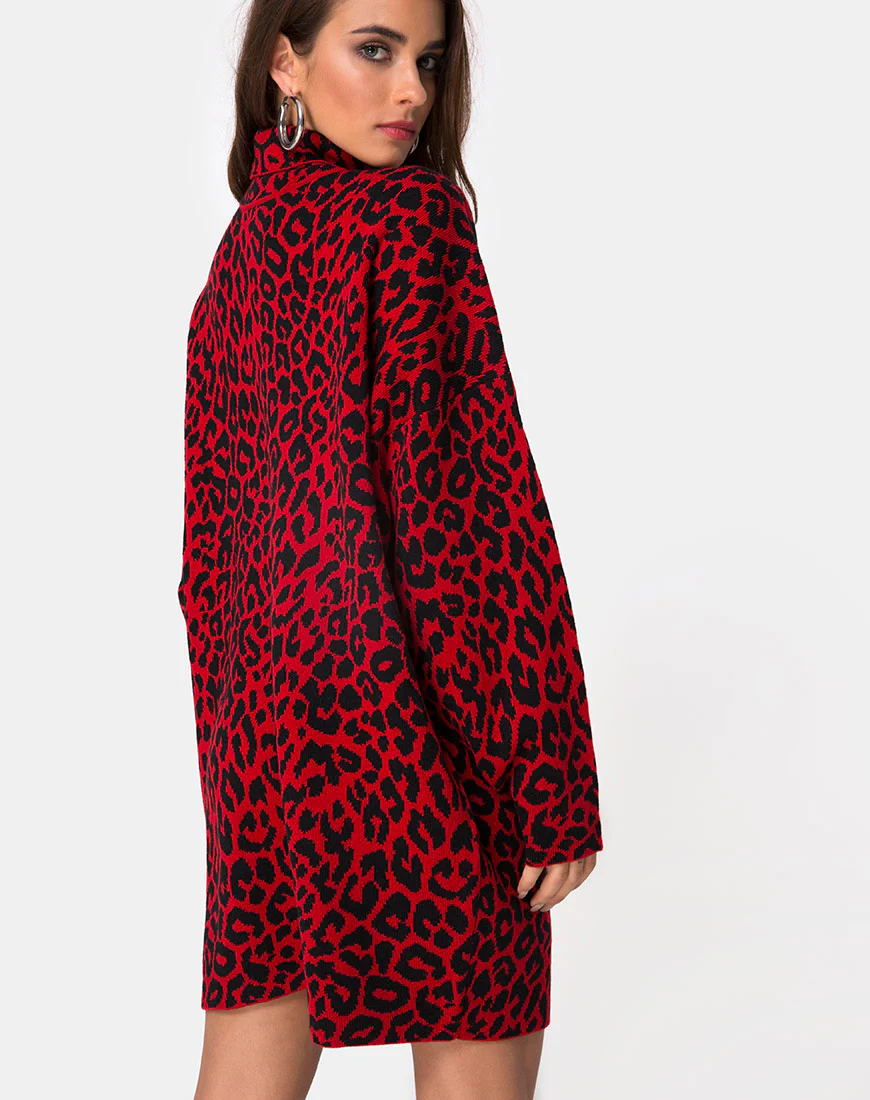 Neivie Jumper Dress in Animal Knit Red - Awmao
