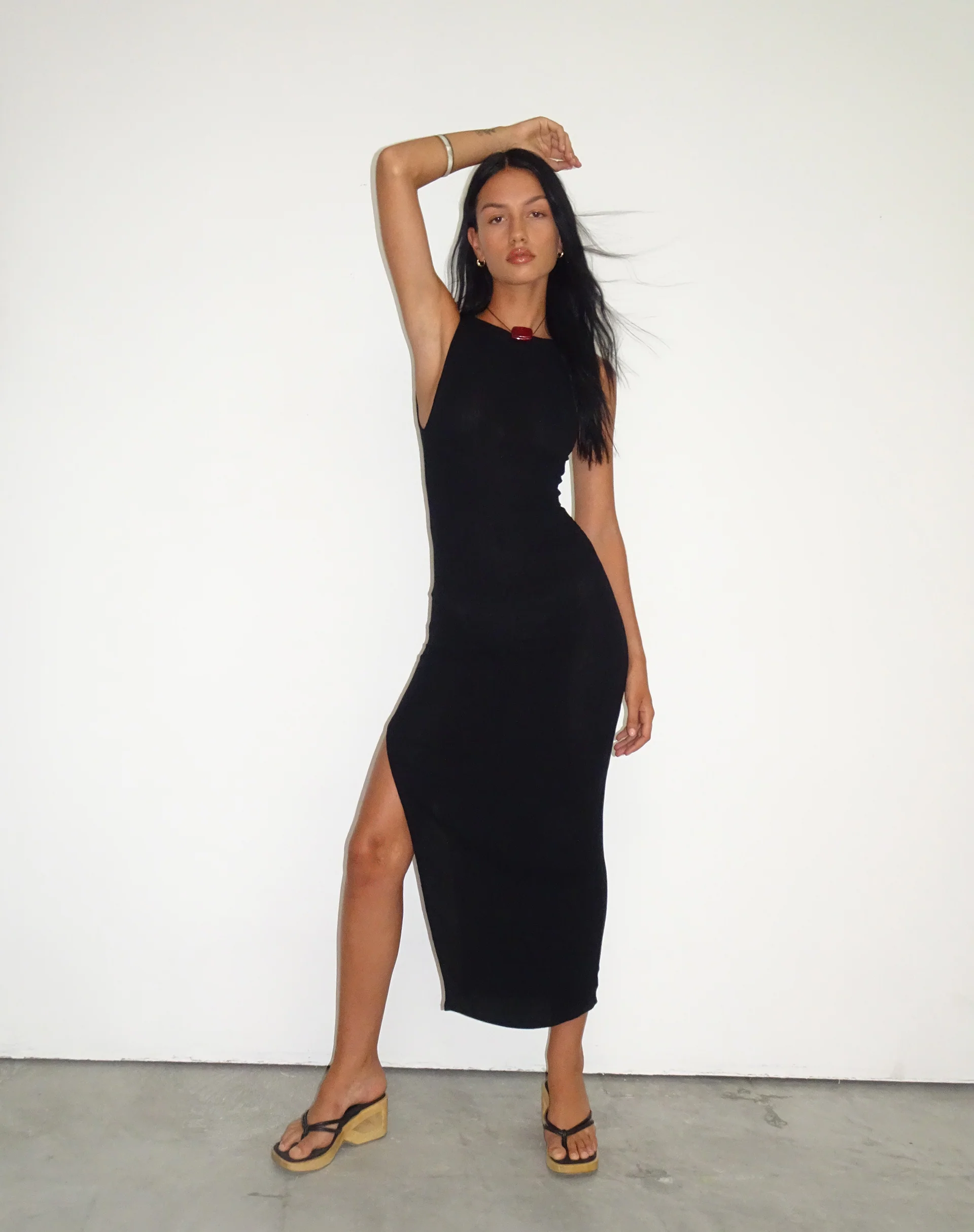 Minyo Racer Neck Maxi Dress in Crinkle Black - Awmao