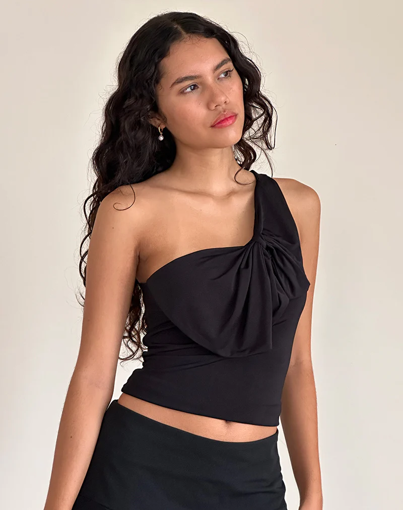Jovie One Shoulder Slinky Bow Top in Black - Awmao