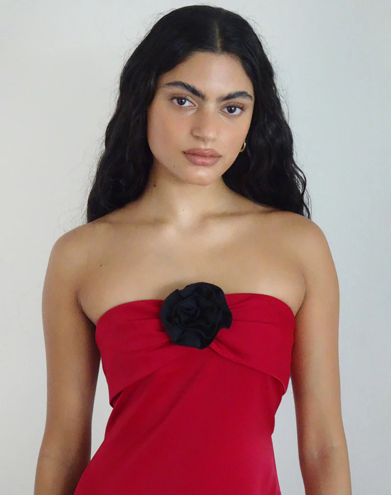 Ninivala Dress in Red with Black Rosette - Awmao