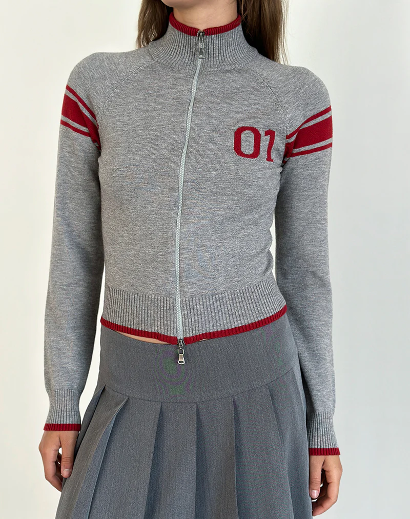Tacita Zip Through Jacket in Grey with Red Motif - Awmao