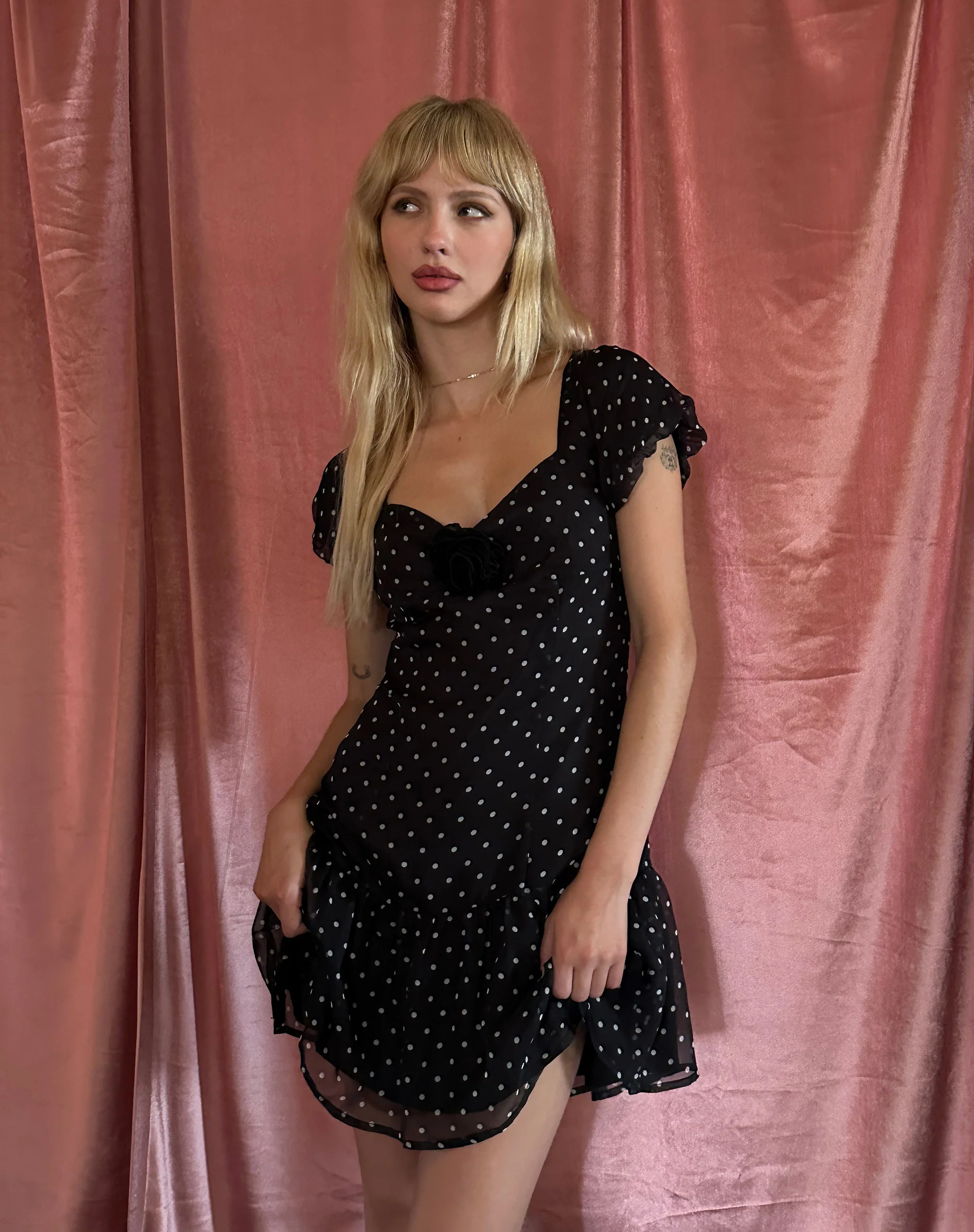 Clara Mini Dress in Polka Black Chiffon - Awmao