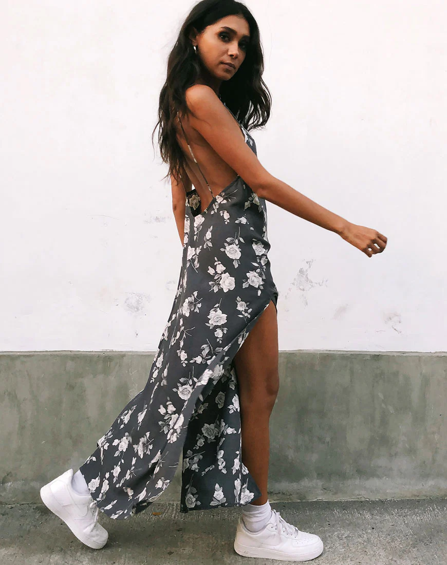 Hime Maxi Dress in White Rose Grey - Awmao